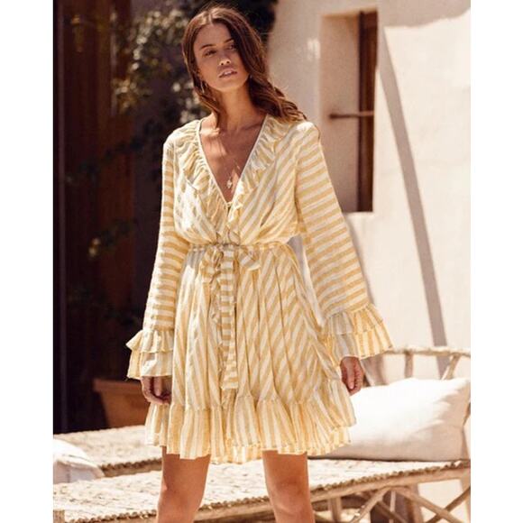 Sundress Jasper Stripe Long Sleeve Ruffle Mini Wrap Dress Yellow Size M/L